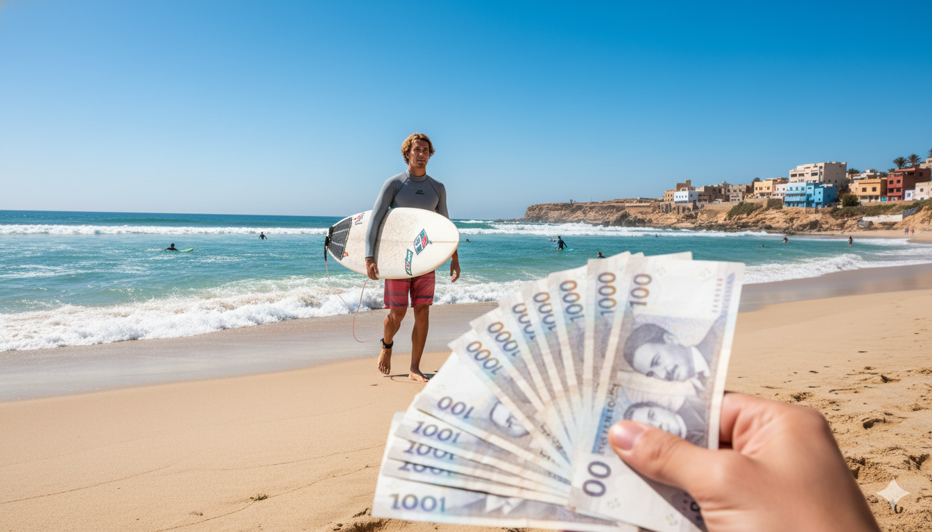 Surfeur sur une plage marocaine avec des billets de Dirhams